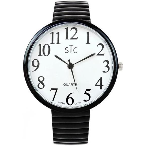 Black Super Large Face Stretch Band Easy to Read Watch - Picture 4 of 5